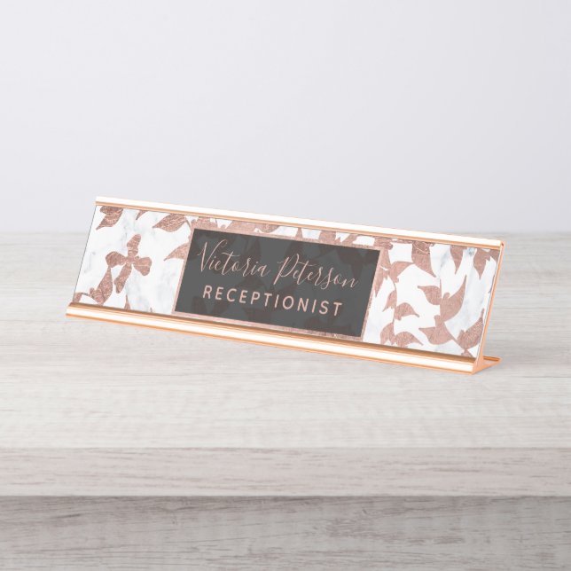 Modern rose gold leaf foliage trendy white marble desk name plate (Front)