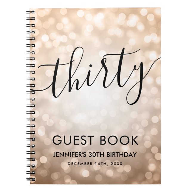 Modern Rose Gold Lights 30th Birthday GUEST BOOK (Front)