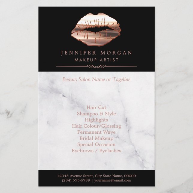 Modern Rose Gold Lips Marble Beauty Salon Flyer (Front)