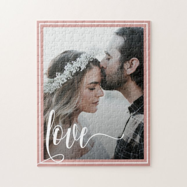 Modern Rose Gold Love Script Photo Valentine's Day Jigsaw Puzzle (Vertical)