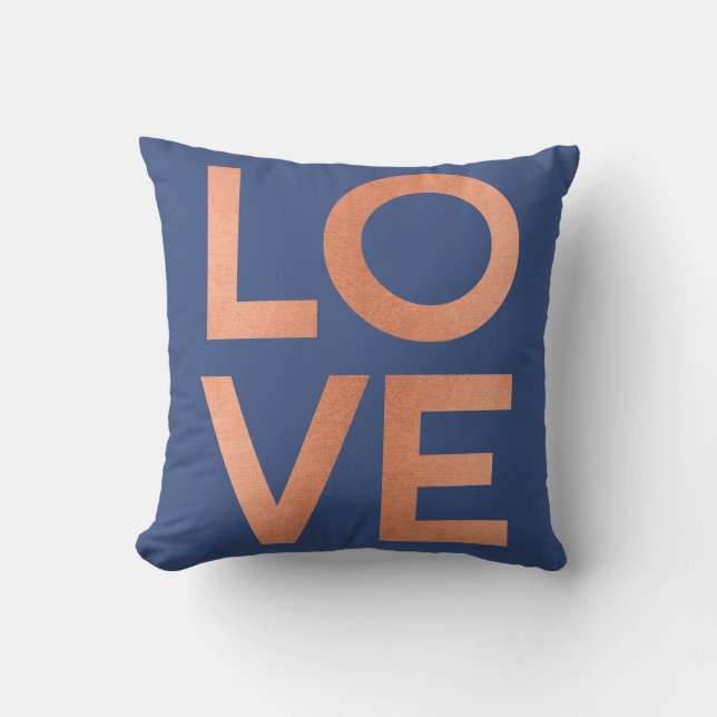 Modern Rose Gold Love Typography Blue Grey Cushion (Front)