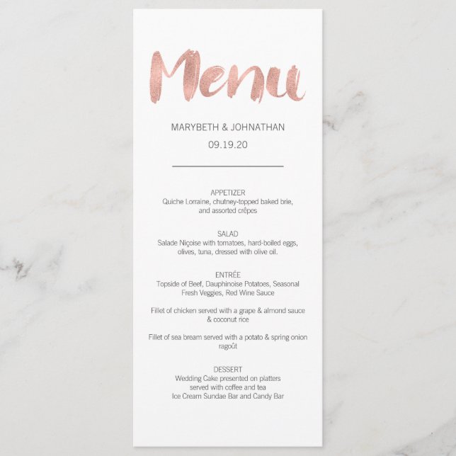 Modern Rose Gold Love Wedding Menu Card (Front)