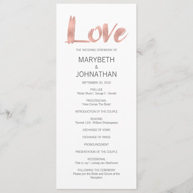 Modern Rose Gold Love Wedding Program Programme (Front)