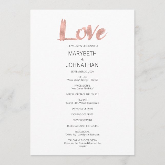 Modern Rose Gold Love Wedding Program Programme (Front)