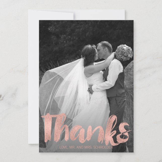 Modern Rose Gold Love Wedding Thank You Photo Card (Front)