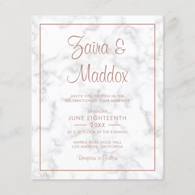 Modern Rose Gold Marble Budget Wedding Invitation (Front)