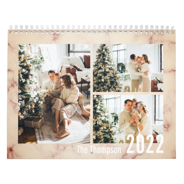 Modern Rose Gold Marble Family Photo Calendar (Cover)