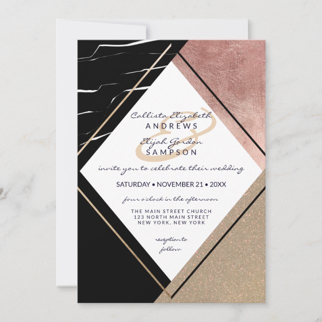 Modern Rose Gold Marble Geometric Triangle Wedding Invitation (Front)