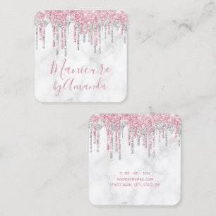 Modern rose gold & marble glitter drips manicure square business card
