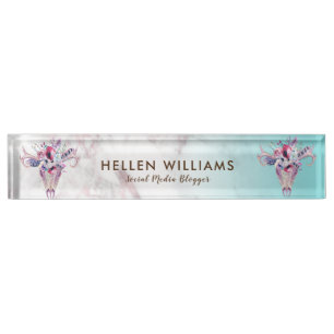 Modern Rose-gold Marble Ombre & Boho Skull Nameplate
