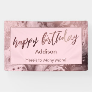Modern Rose Gold Marble Pastel Pink Happy Birthday Banner