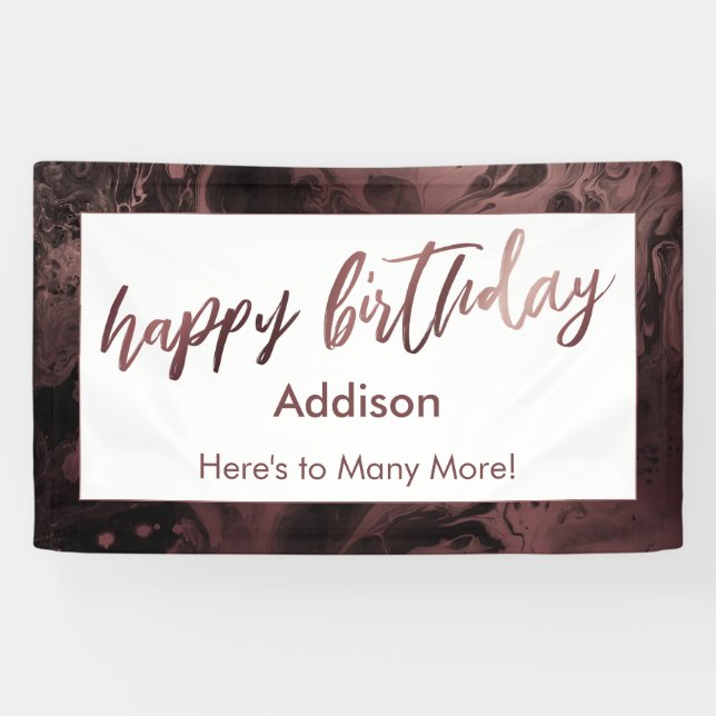 Modern Rose Gold Marbled Black Happy Birthday Banner (Horizontal)