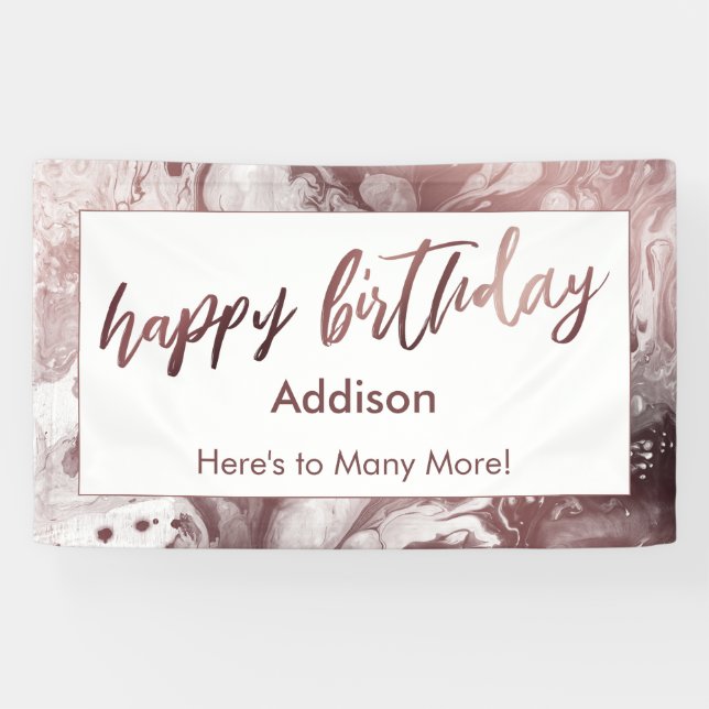 Modern Rose Gold Marbled White Happy Birthday Banner (Horizontal)