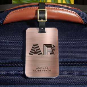 Modern Rose Gold Metal Bold Two Monogram Initial Luggage Tag