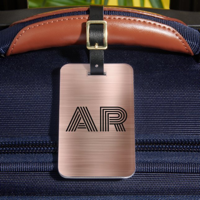 Modern Rose Gold Metal Two Monogram Initial Luggage Tag (Front Insitu 2)
