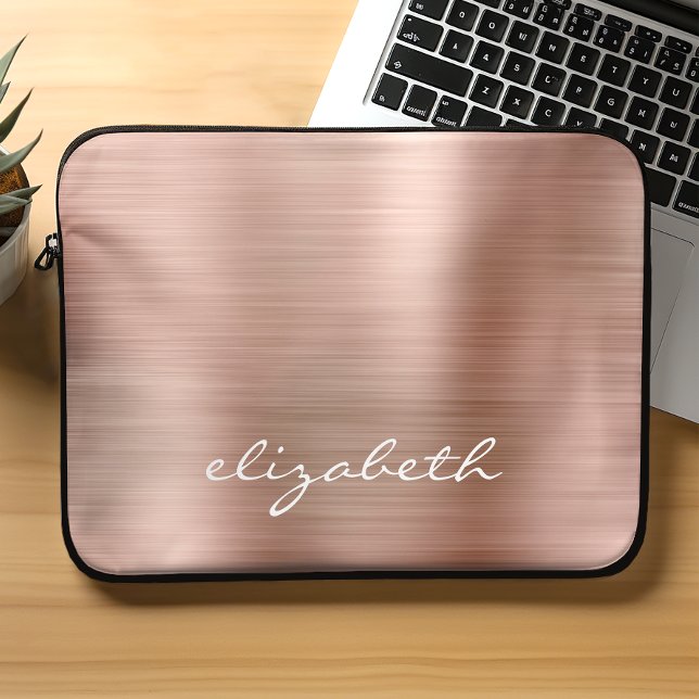 Modern Rose Gold Metallic Handwriting Monogram Laptop Sleeve (Creator Uploaded)