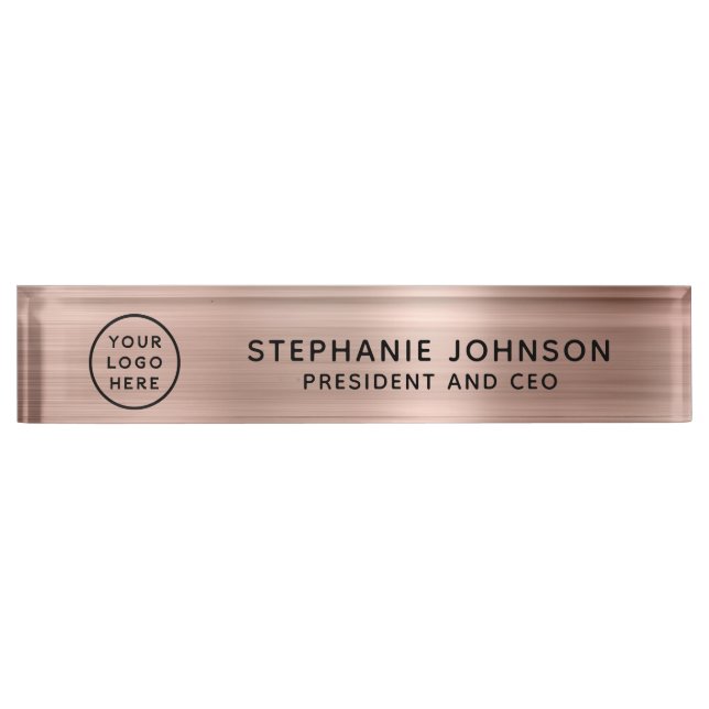 Modern Rose Gold Metallic Logo Boss Lady CEO Nameplate (Front)