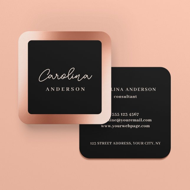 Modern Rose Gold Minimal Black Script Square Business Card (Front and back shown. Square card, 2.5 in. Choose size, corner, and paper style. *Faux Gold Texture.)