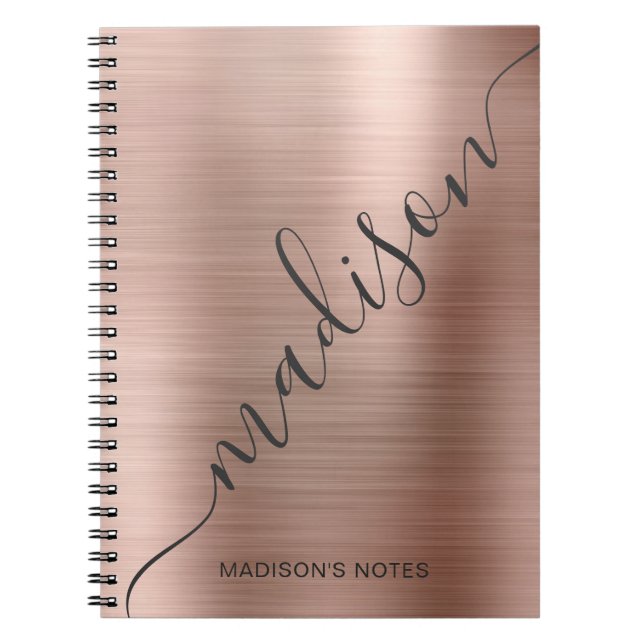 Modern Rose Gold Monogram Script Name Notebook (Front)