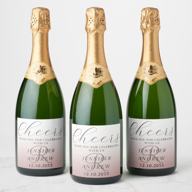 Modern Rose Gold Monogram Wedding Favour Sparkling Wine Label (Bottles)