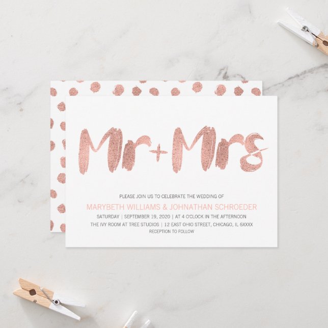 Modern Rose Gold Mr. and Mrs. Wedding Invitation (Front/Back In Situ)