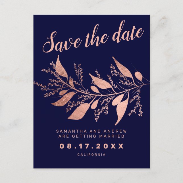 Modern rose gold navy blue  save the date wedding announcement postcard (Front)