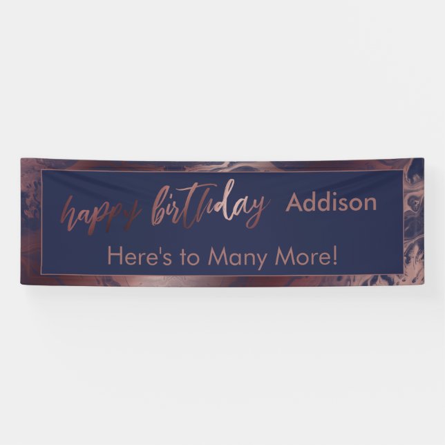 Modern Rose Gold & Navy Marbled Happy Birthday Banner (Horizontal)