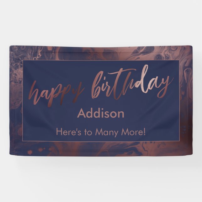 Modern Rose Gold & Navy Marbled Happy Birthday Banner (Horizontal)