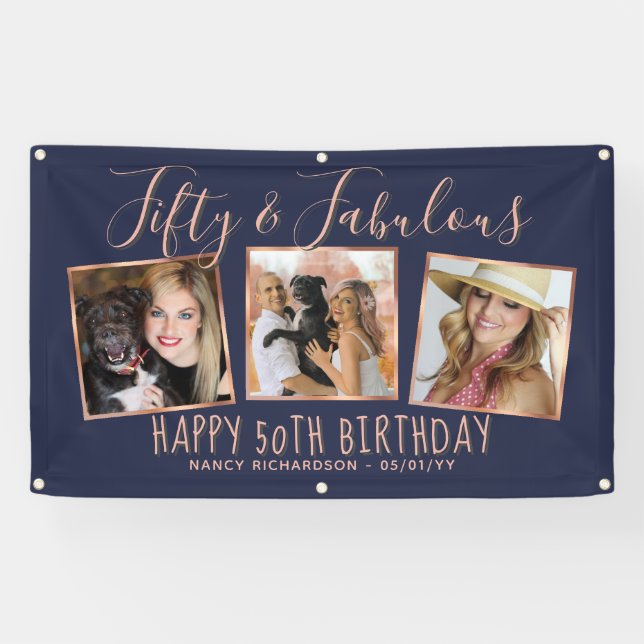 Modern Rose Gold Navy Photo Collage 50th Birthday Banner (Horizontal)