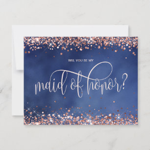 modern rose gold navy will you be my maid of honou invitation