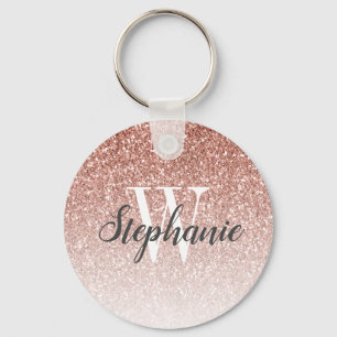 Modern Rose Gold Ombre Faux Glitter Monogram Key Ring