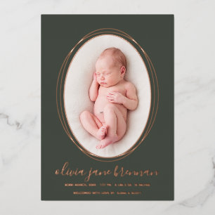 Modern Rose Gold Oval Birth Announcement
