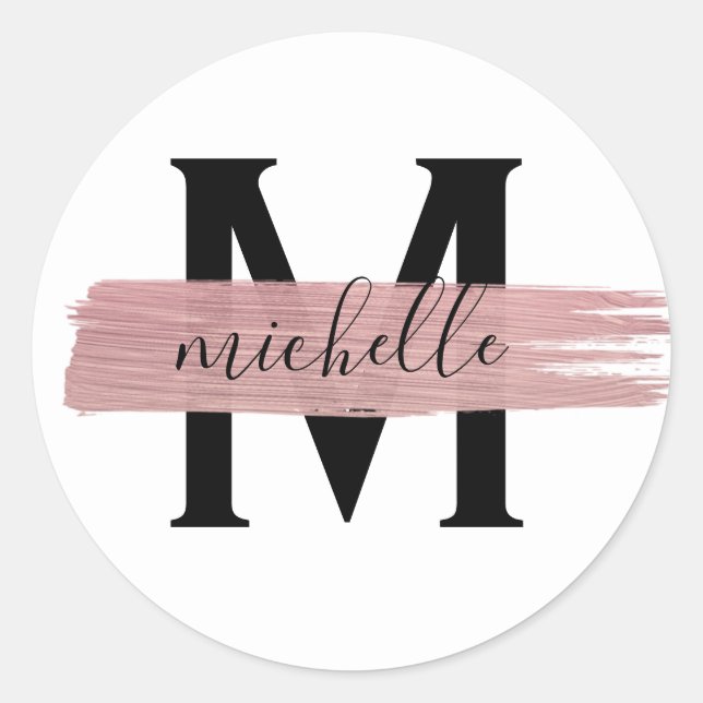 Modern Rose Gold Paint Classy Monogram White Classic Round Sticker (Front)