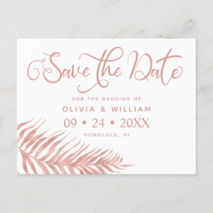 Modern Rose Gold Palm Leaf Wedding Announcement Postcard