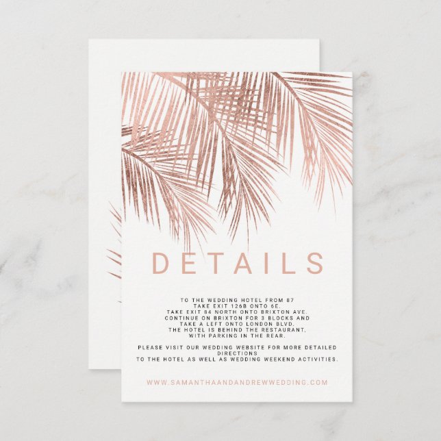 Modern rose gold palm tree elegant wedding details enclosure card (Front/Back)