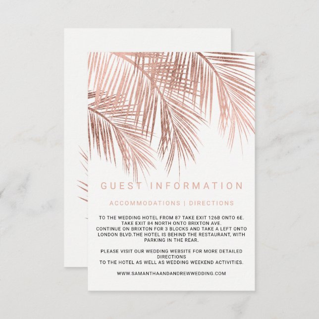 Modern rose gold palm tree insert details wedding (Front/Back)