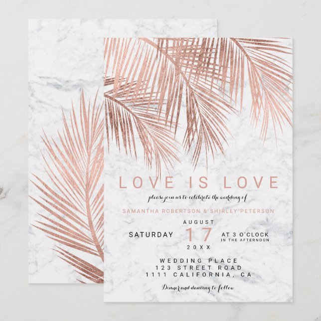 Modern rose gold palm tree marble lesbian wedding invitation (Front/Back)