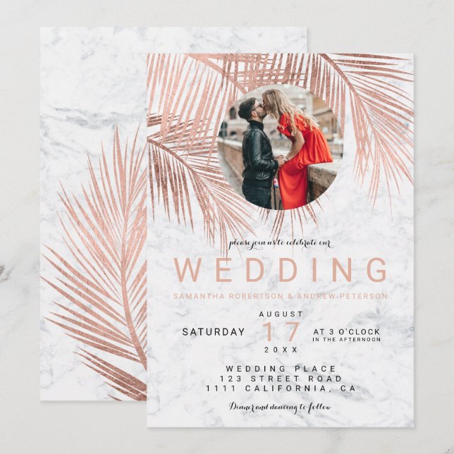 Modern rose gold palm tree marble photo wedding invitation (Front/Back)