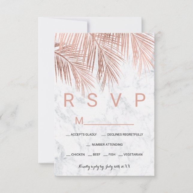 Modern rose gold palm tree marble RSVP wedding (Front)
