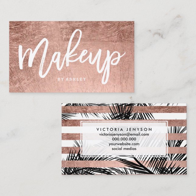 Modern rose gold palm trees chic makeup typography business card (Front/Back)