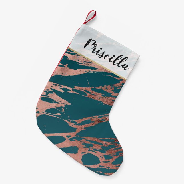 Modern Rose Gold Peacock Teal Marble Small Christmas Stocking (Front (Hanging))