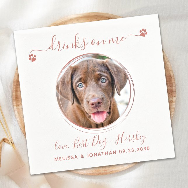 Modern Rose Gold Personalise Pet Photo Dog Wedding Napkin (Creator Uploaded)