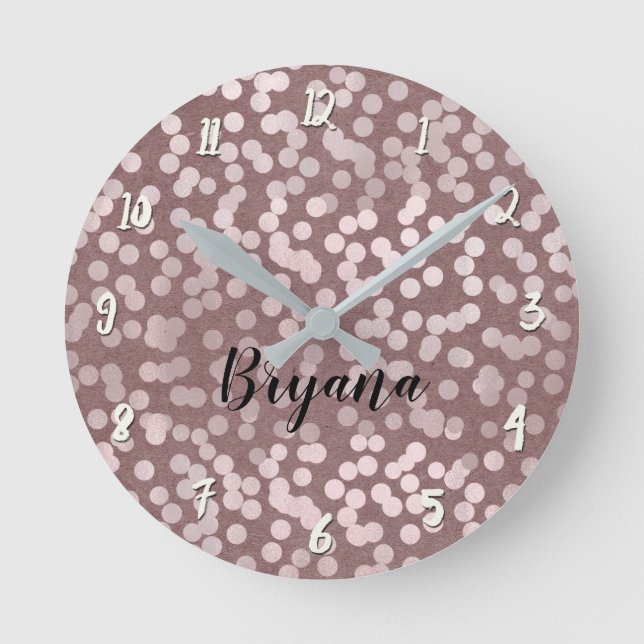 Modern Rose Gold Pink Confetti Dots Personalized Round Clock (Front)