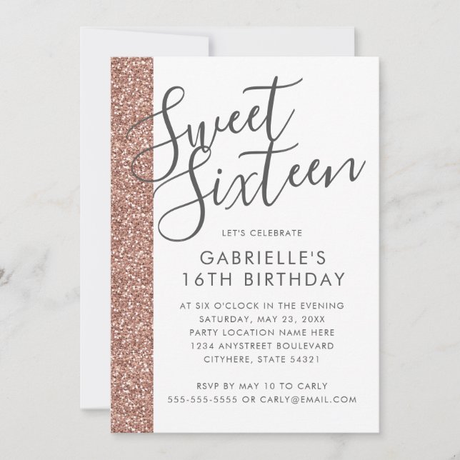 Modern Rose Gold Pink Glitter Sweet 16 Invitation (Front)