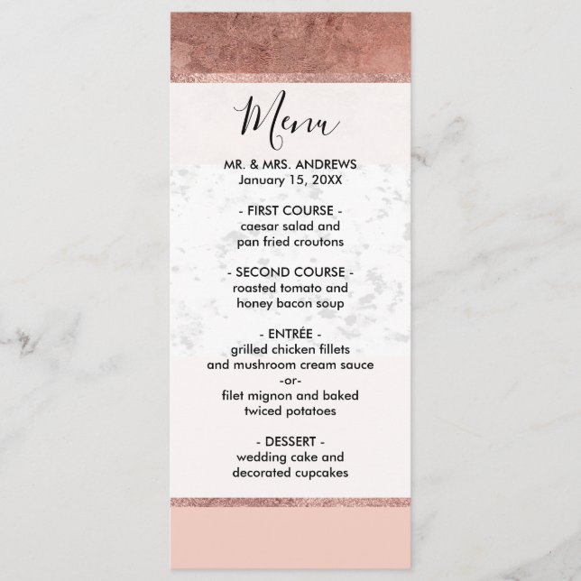 Modern Rose Gold Pink Marble Colour Block Pattern Menu (Front)