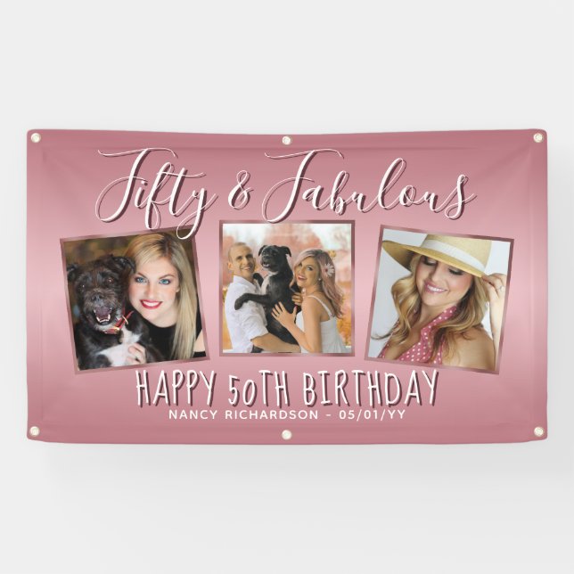 Modern Rose Gold Pink Photo Collage 50th Birthday Banner (Horizontal)