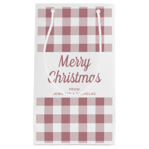 Modern Rose Gold Plaid Merry Christmas Small Gift Bag