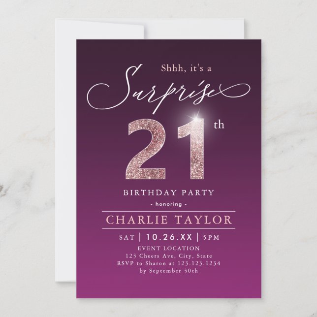Modern rose gold purple surprise 21st birthday invitation (Front)