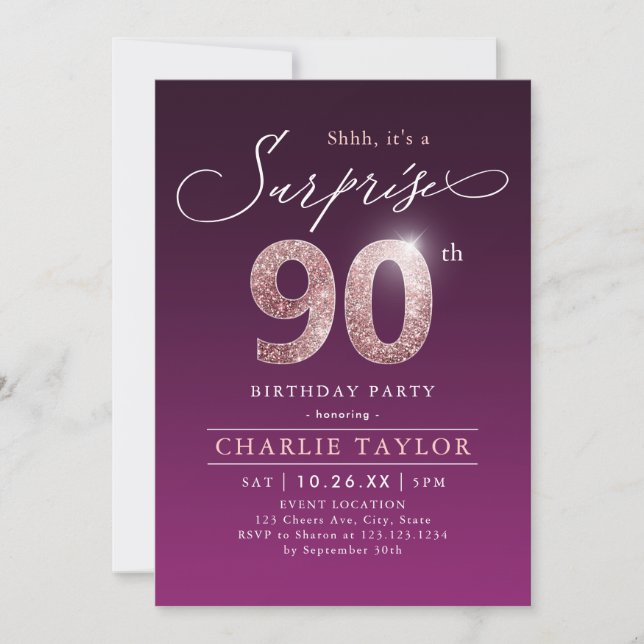 Modern rose gold purple surprise 90th birthday inv invitation (Front)