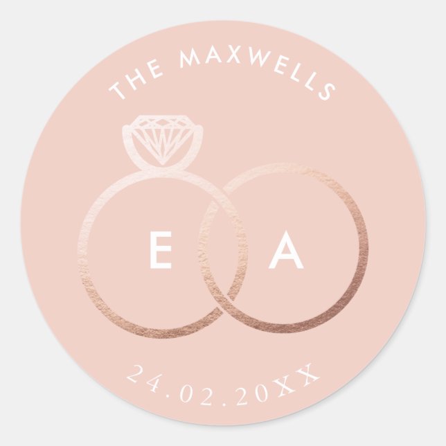 Modern Rose Gold Rings Blush Pink Wedding Sticker (Front)